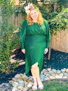ELOQUII Emerald Green Metallic Ruched High Low Maxi Dress Plus Size 18